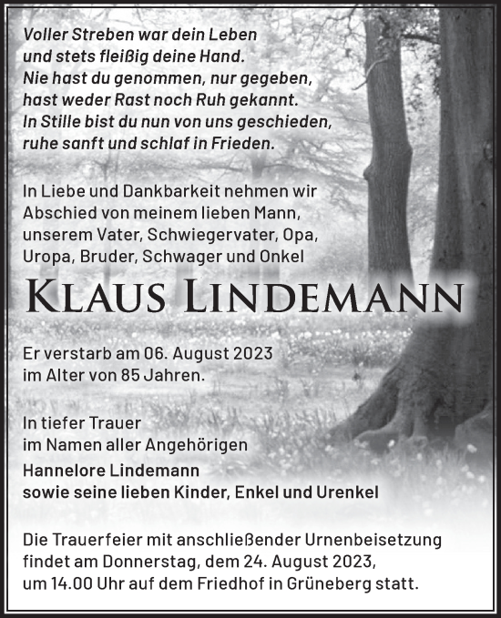 Traueranzeige von Klaus Lindemann von Märkische Oderzeitung