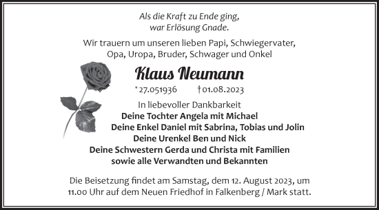 Traueranzeige von Klaus Neumann von Märkische Oderzeitung