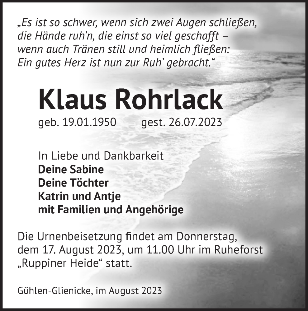  Traueranzeige für Klaus Rohrlack vom 12.08.2023 aus Märkische Oderzeitung