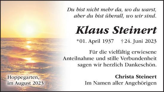 Traueranzeige von Klaus Steinert von Märkische Oderzeitung