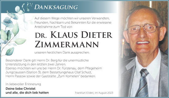 Traueranzeige von Klaus Dieter Zimmermann von Märkische Oderzeitung