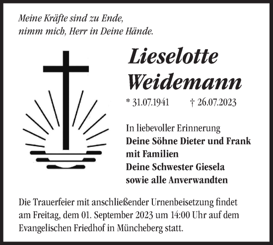 Traueranzeige von Lieselotte Weidemann von Märkische Oderzeitung