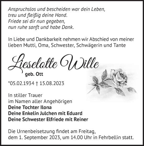 Traueranzeige von Lieselotte Wille von Märkische Oderzeitung