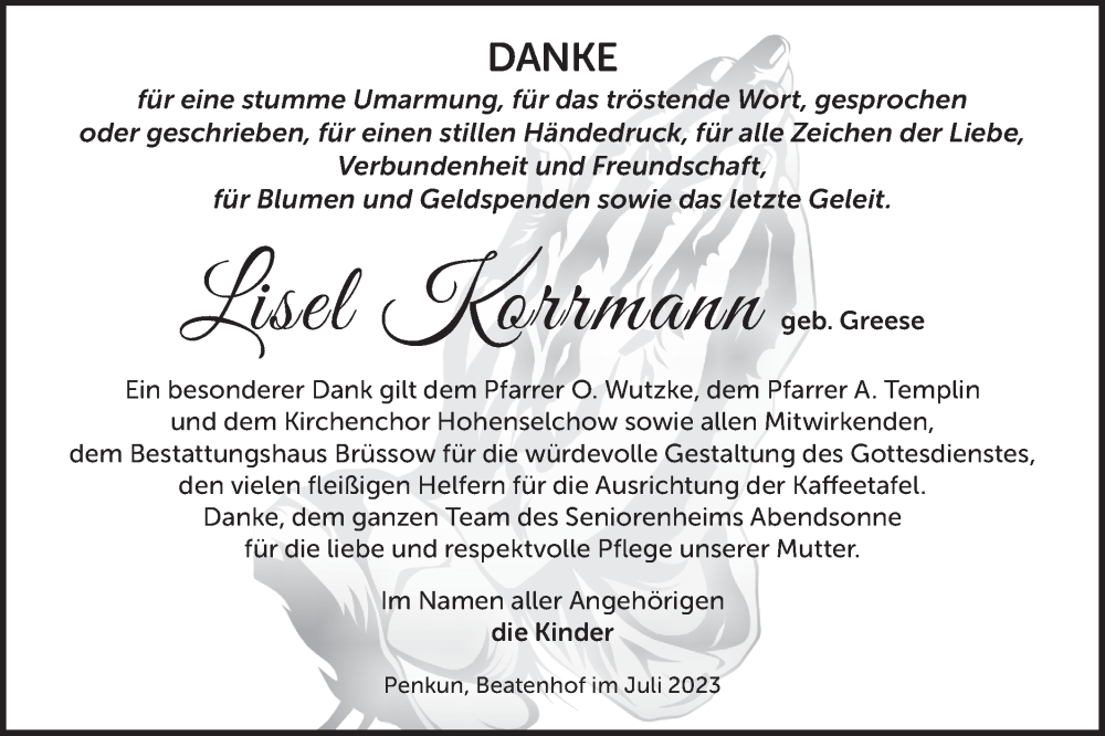  Traueranzeige für Lisel Korrmann vom 05.08.2023 aus Märkische Oderzeitung