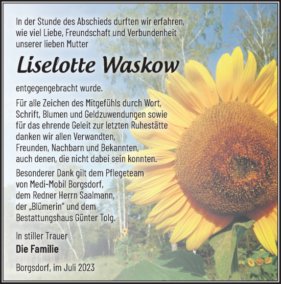 Traueranzeige von Liselotte Waskow von Märkische Oderzeitung