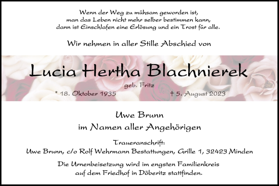 Traueranzeige von Lucia Hertha Blachnierek von Märkische Oderzeitung