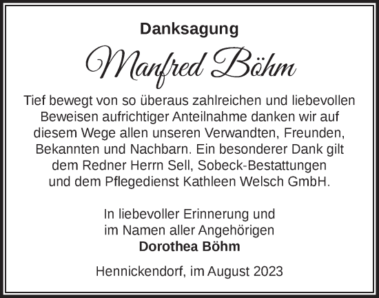 Traueranzeige von Manfred Böhm von Märkische Oderzeitung