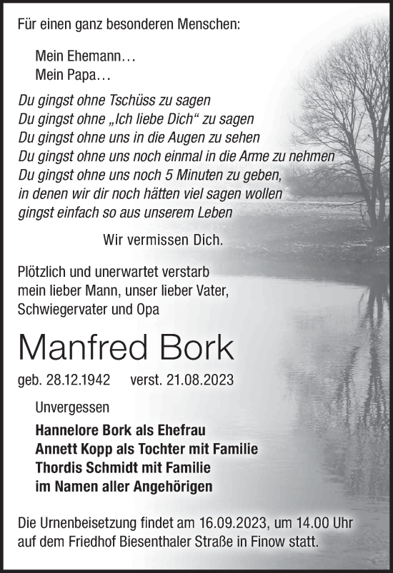 Traueranzeige von Manfred Bork von Märkische Oderzeitung