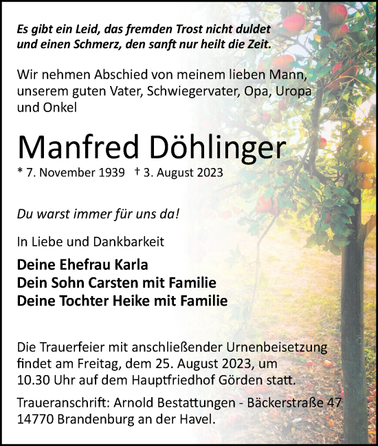 Traueranzeige von Manfred Döhlinger von Märkische Oderzeitung