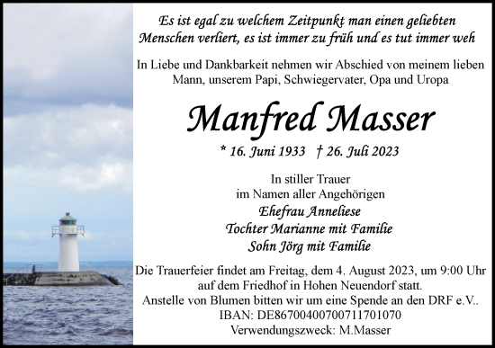 Traueranzeige von Manfred Masser von Märkische Oderzeitung