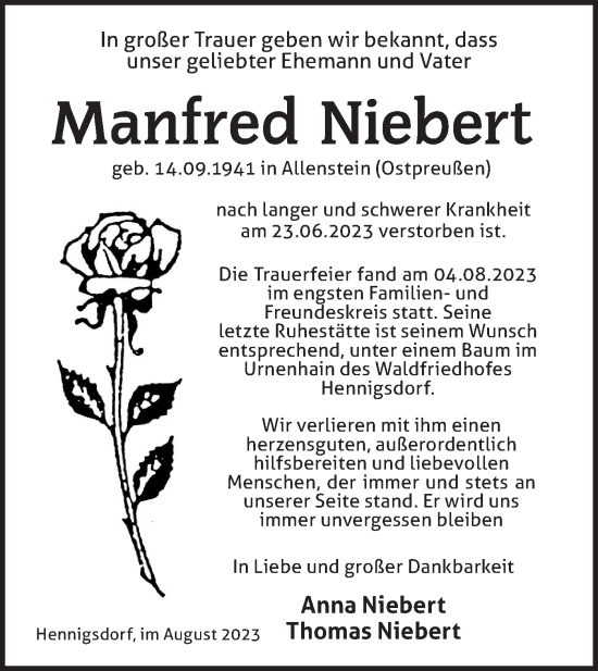 Traueranzeige von Manfred Niebert von Märkische Oderzeitung