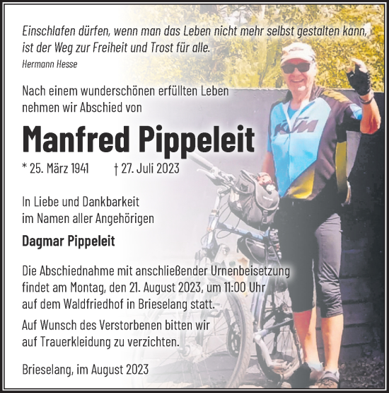 Traueranzeige von Manfred Pippeleit von Märkische Oderzeitung