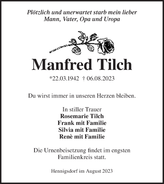 Traueranzeige von Manfred Tilch von Märkische Oderzeitung