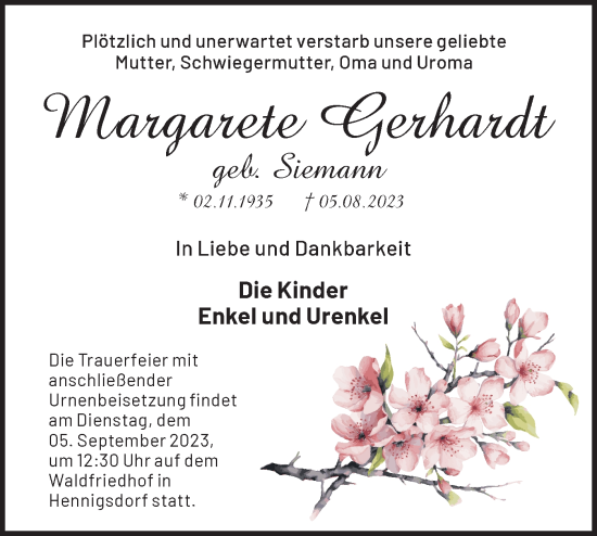 Traueranzeige von Margarete Gerhardt von Märkische Oderzeitung