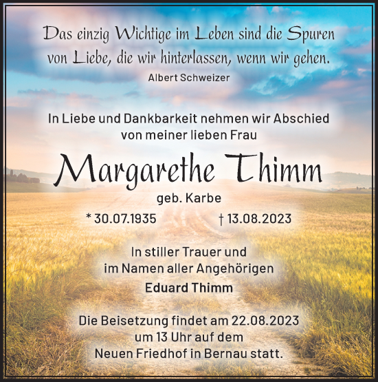 Traueranzeige von Margarethe Thimm von Märkische Oderzeitung