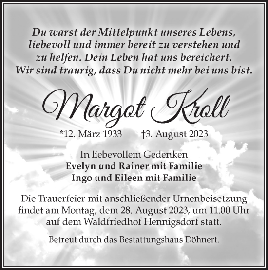 Traueranzeige von Margot Kroll von Märkische Oderzeitung