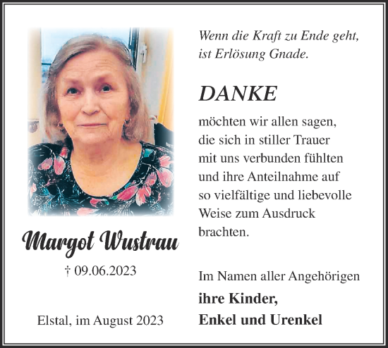 Traueranzeige von Margot Wustrau von Märkische Oderzeitung