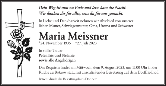 Traueranzeige von Maria Meissner von Märkische Oderzeitung