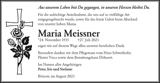 Traueranzeige von Maria Meissner von Märkische Oderzeitung