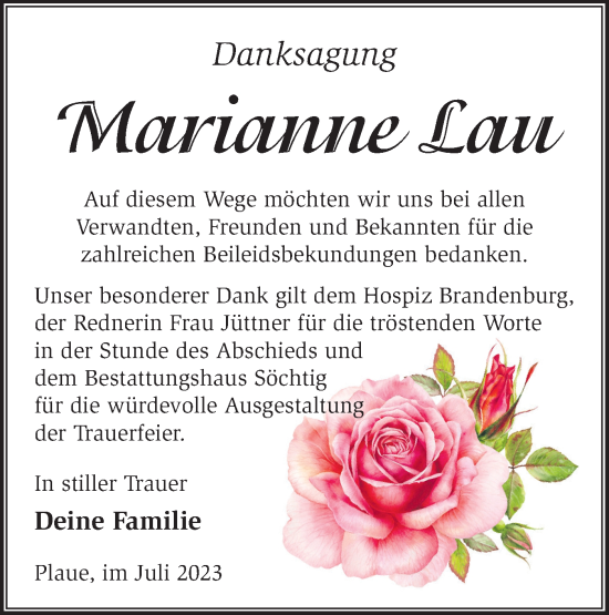 Traueranzeige von Marianne Lau von Märkische Oderzeitung