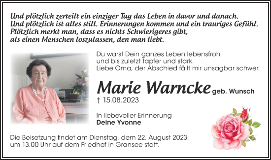 Traueranzeige von Marie Warncke von Märkische Oderzeitung