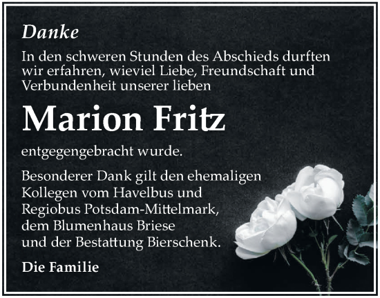 Traueranzeige von Marion Fritz von Märkische Oderzeitung