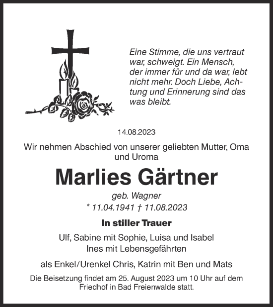 Traueranzeige von Marlies Gärtner von Märkische Oderzeitung