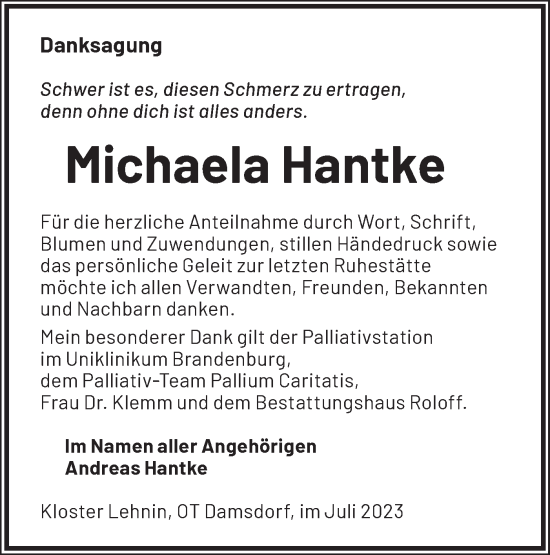 Traueranzeige von Michaela Hantke von Märkische Oderzeitung