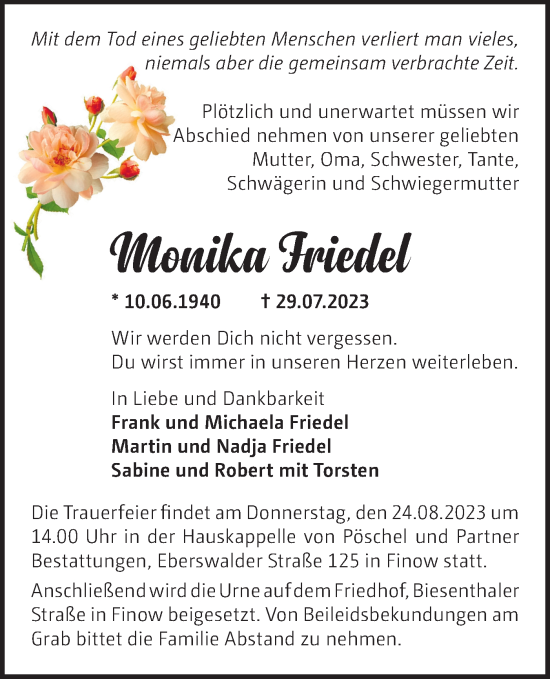 Traueranzeige von Monika Friedel von Märkische Oderzeitung