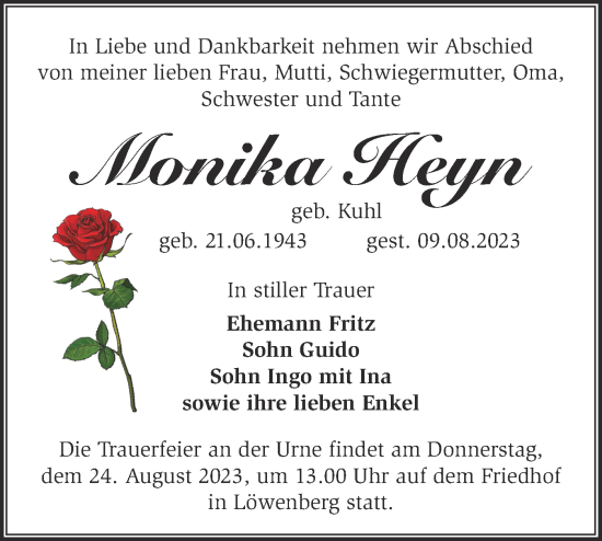 Traueranzeige von Monika Heyn von Märkische Oderzeitung