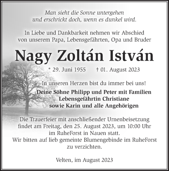 Traueranzeige von Nagy Zoltan Istvan von Märkische Oderzeitung