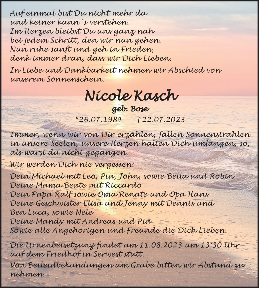  Traueranzeige für Nicole Kasch vom 05.08.2023 aus Märkische Oderzeitung