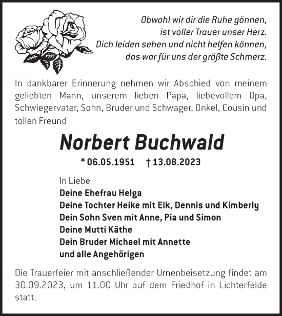 Traueranzeige von Norbert Buchwald von Märkische Oderzeitung