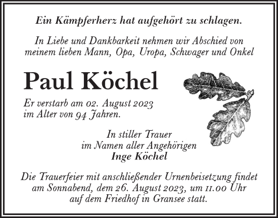 Traueranzeige von Paul Köchel von Märkische Oderzeitung