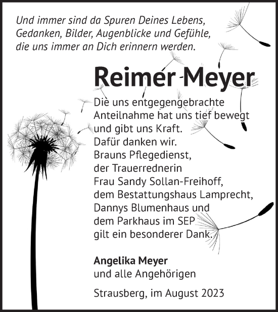 Traueranzeige von Reimer Meyer von Märkische Oderzeitung