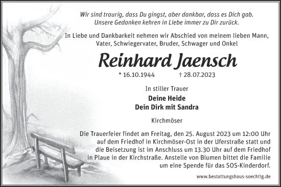 Traueranzeige von Reinhard Jaensch von Märkische Oderzeitung