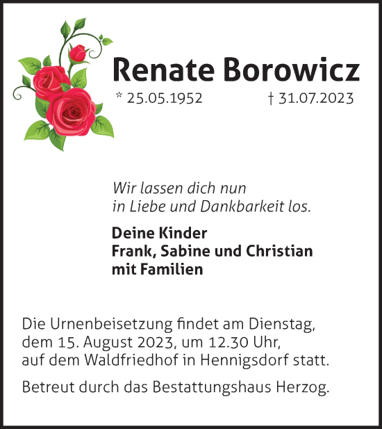 Traueranzeige von Renate Borowicz von Märkische Oderzeitung