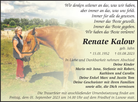 Traueranzeige von Renate Kalow von Märkische Oderzeitung