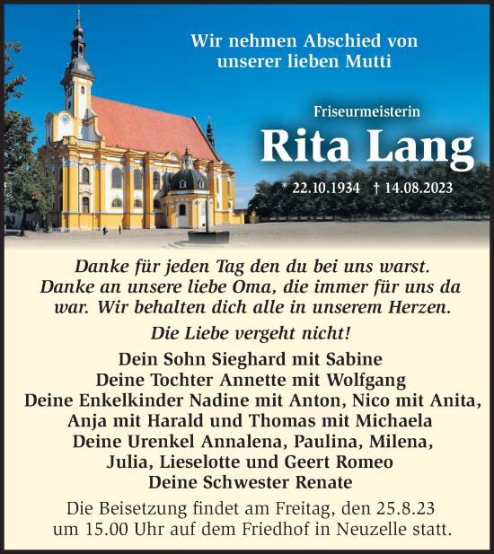 Traueranzeige von Rita Lang von Märkische Oderzeitung