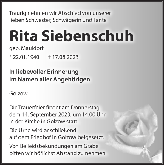 Traueranzeige von Rita Siebenschuh von Märkische Oderzeitung