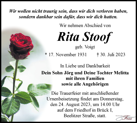 Traueranzeige von Rita Stoof von Märkische Oderzeitung