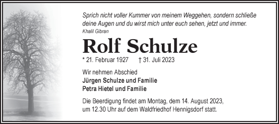 Traueranzeige von Rolf Schulze von Märkische Oderzeitung