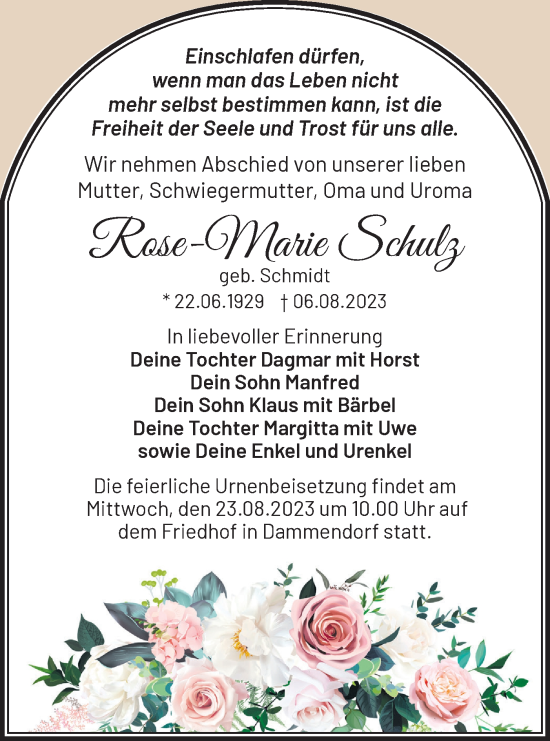 Traueranzeige von Rose-Marie Schulz von Märkische Oderzeitung