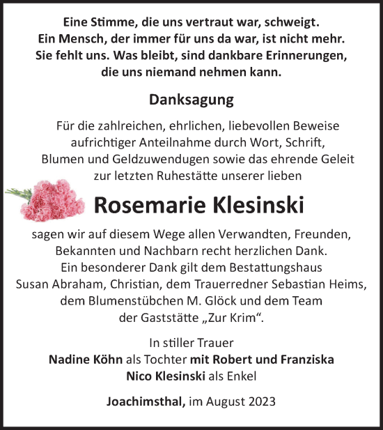 Traueranzeige von Rosemarie Klesinski von Märkische Oderzeitung