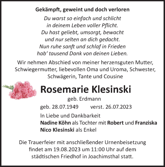 Traueranzeige von Rosemarie Klesinski von Märkische Oderzeitung