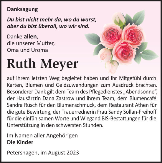 Traueranzeige von Ruth Meyer von Märkische Oderzeitung