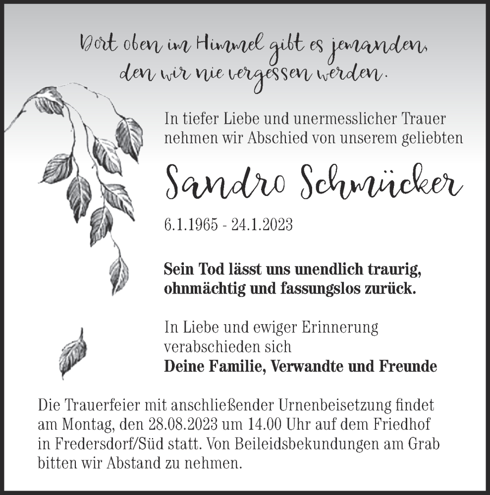  Traueranzeige für Sandro Schmücker vom 12.08.2023 aus Märkische Oderzeitung