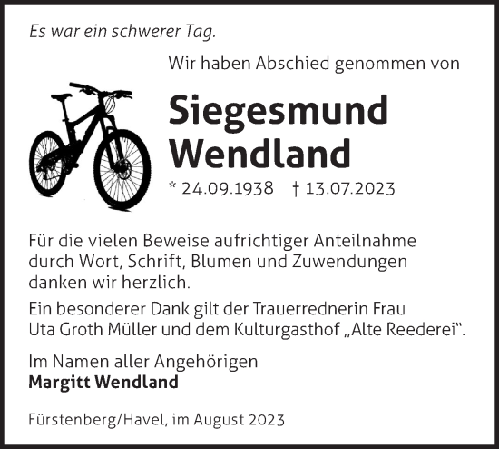 Traueranzeige von Siegesmund Wendland von Märkische Oderzeitung