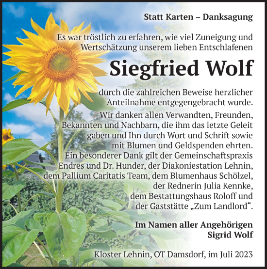 Traueranzeige von Siegfried Wolf von Märkische Oderzeitung