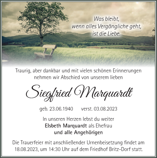 Traueranzeige von Siegried Marquardt von Märkische Oderzeitung